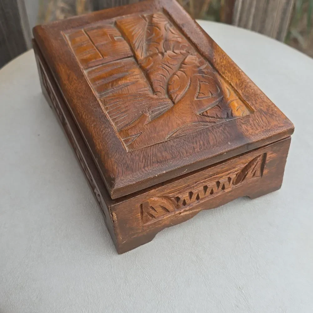 Vintage Hand Carved Wood Jewelry Box Mirror Red Velvet Lined Footed